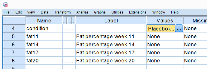 Levene's Test in SPSS - Example Data Variable View