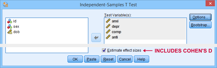 SPSS 27 Cohens D For Independent Samples T-Test Dialog