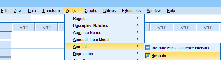 SPSS Analyze Correlate Bivariate Menu