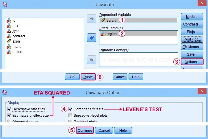 SPSS ANOVA Homogeneity Test Dialogs