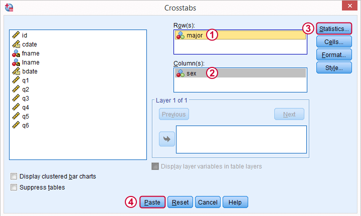 SPSS Chi Square Independence Test Dialog