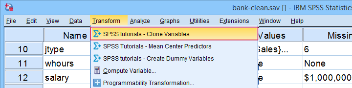 SPSS Clone Variables Menu