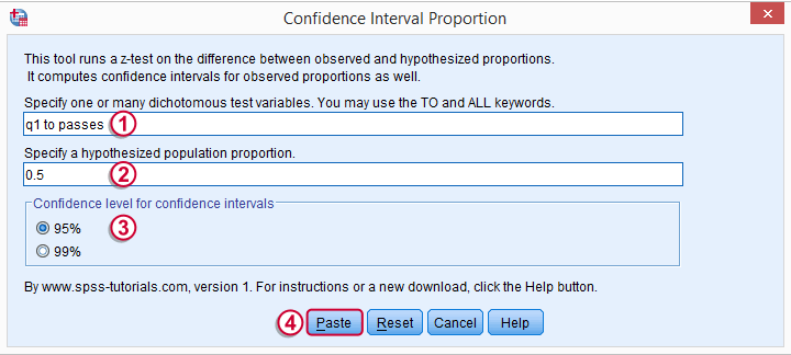 SPSS Confidence Interval Single Proportion Tool - Main Dialog