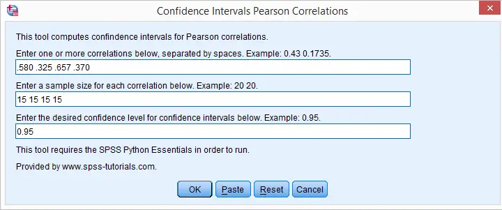 SPSS - Confidence Intervals for Correlations Tool - Dialog