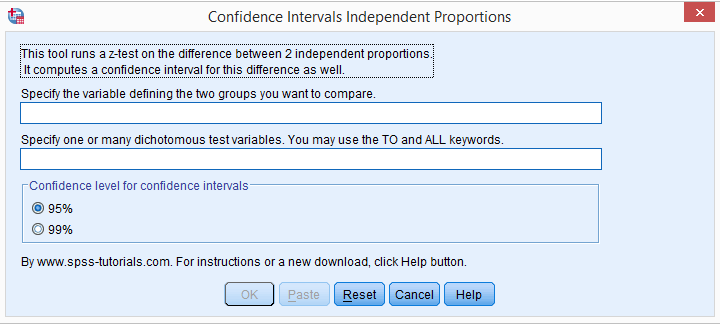 SPSS Confidence Intervals Independent Proportions Tool - Main Dialog