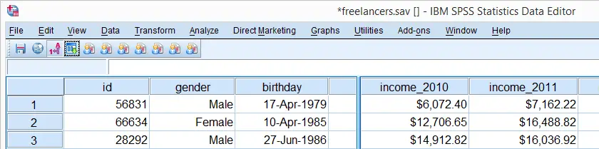 SPSS CORRELATIONS Data View Test Data