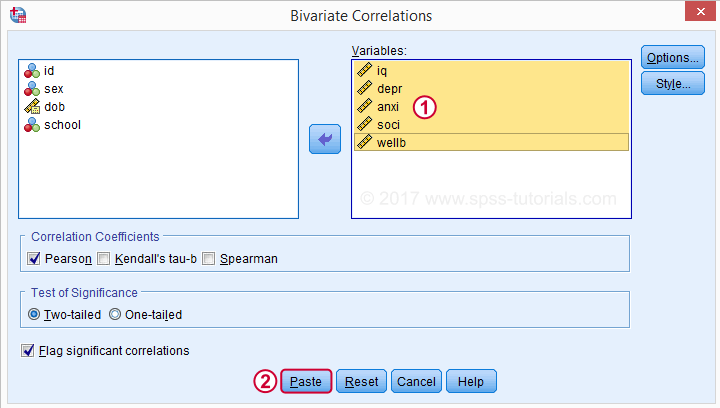 SPSS Correlations Dialog