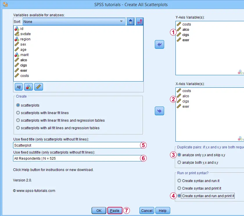 SPSS Create All Scatterplots Tool Dialog 1