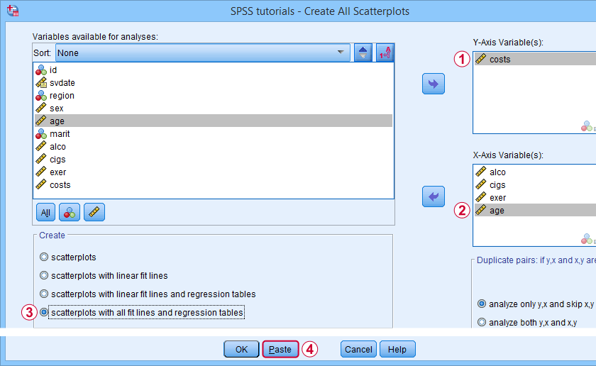 SPSS Create All Scatterplots Tool Dialog 2