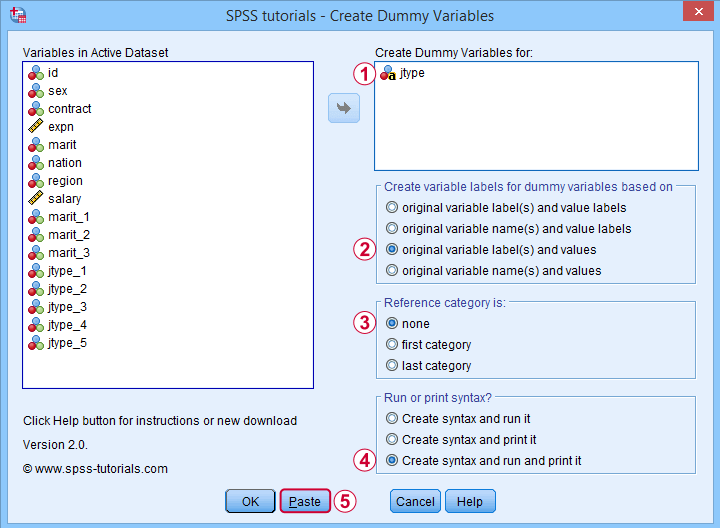 SPSS Create Dummy Variables Tool Dialog 2