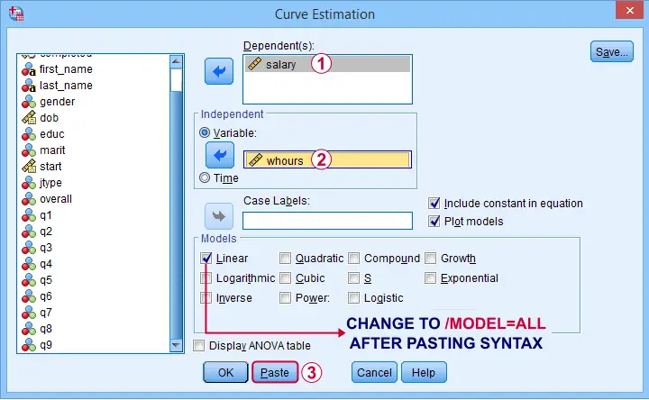 SPSS Curve Estimation Dialog