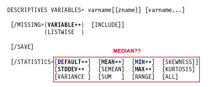 Screenshot of SPSS Command Syntax Reference. DESCRIPTIVES does not include the median.