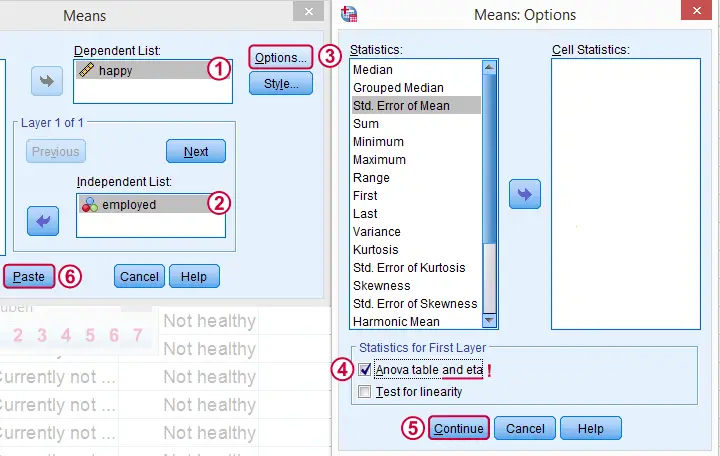 SPSS Eta Squared One Way ANOVA Means Dialog