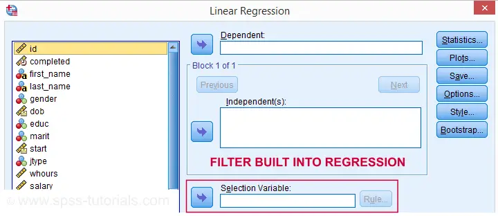 SPSS Filter Built Into Regression Dialog