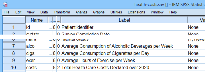 SPSS Health Costs Variable View