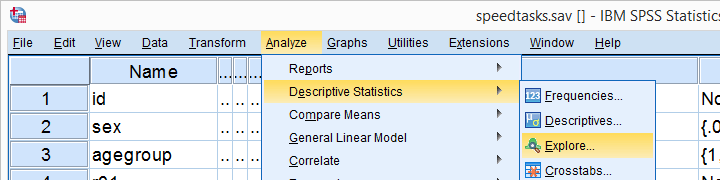 SPSS Kolmogorov Smirnov Test Menü zum Erkunden analysieren