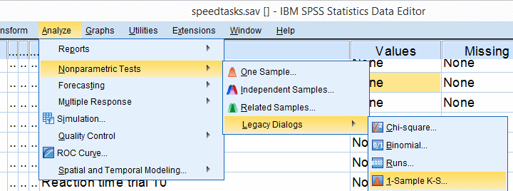 SPSS Kolmogorov Smirnov 테스트 비모수 유산자 메뉴