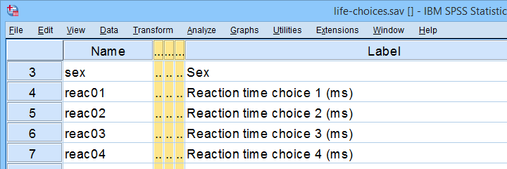 SPSS Life Choices Data Variable View