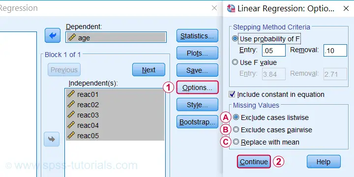 SPSS Linear Regression Missing Values Dialog