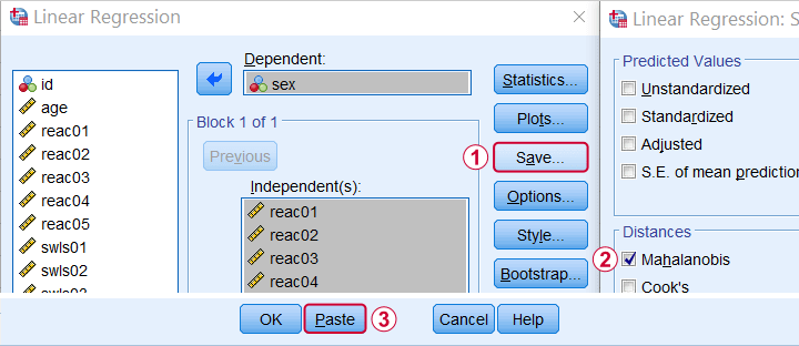 SPSS Mahalanobis Distances Regression Dialog