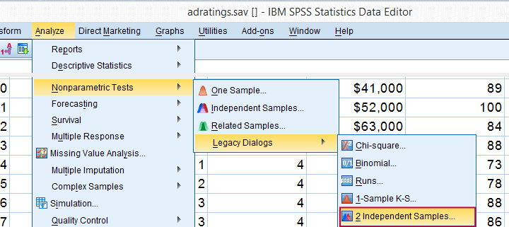 SPSS Mann-Whitney Test - Analyze, Nonparametric Tests, Legacy Dialogs, 2 Independent Samples