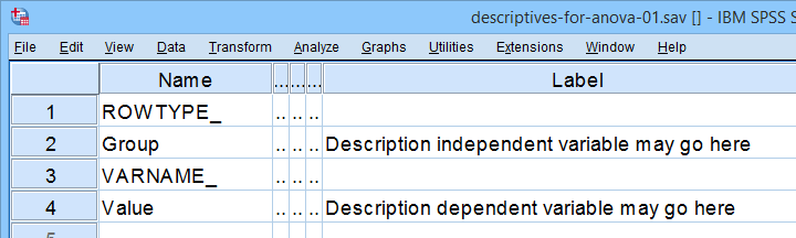 SPSS Matrix Data File Variable View