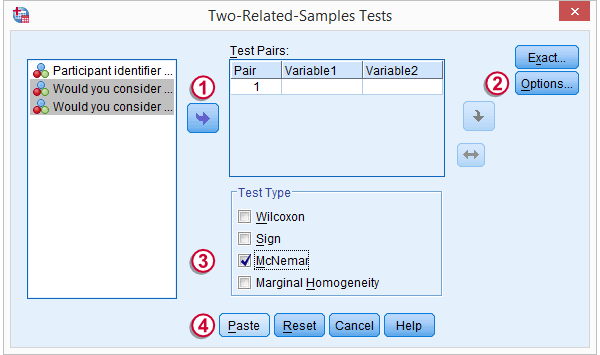 SPSS McNemar Test Dialog