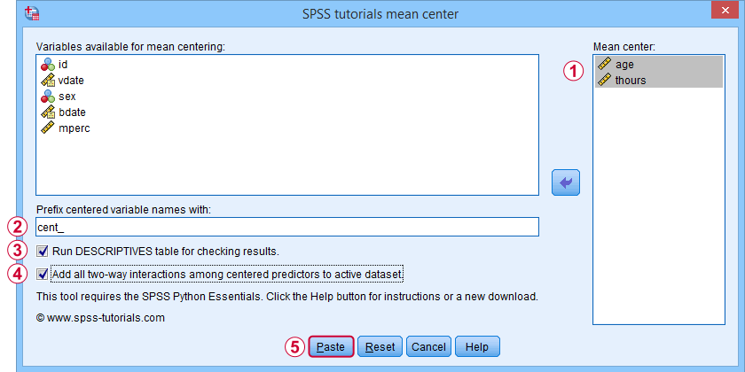 SPSS Mean Center Predictors Tool Dialog