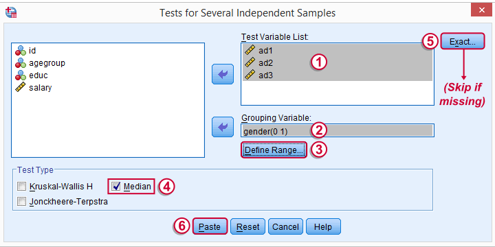 SPSS Median Test 2 Independent Medians - Main Dialog