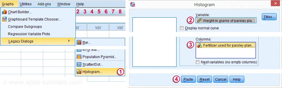 SPSS One Way ANOVA Split Histogram Dialog