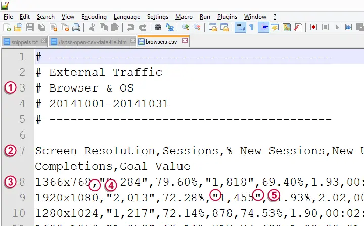 SPSS open .csv data - Notepad++ 1