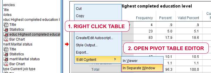 SPSS - Open Pivot Table Editor Window by Right Clicking Output Table