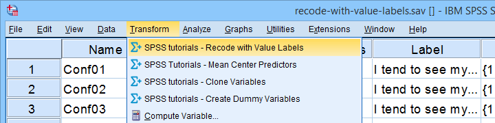 SPSS Recode With Value Labels Tool Menu