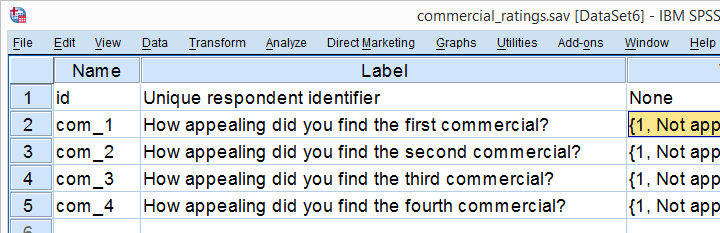 Repeated measures ANOVA - Variable View Test Data