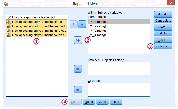 SPSS Repeated measures ANOVA Dialog