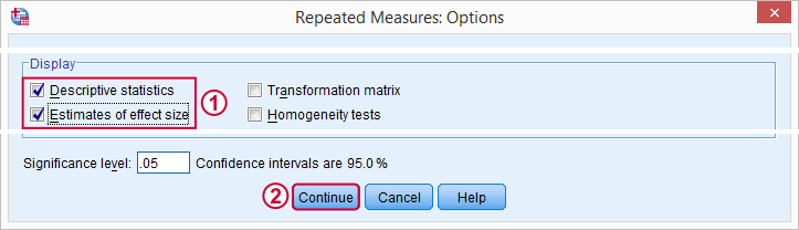 SPSS Repeated Measures ANOVA Options Subdialog