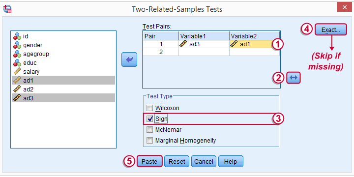 SPSS Sign Test Related Medians - Main Dialog