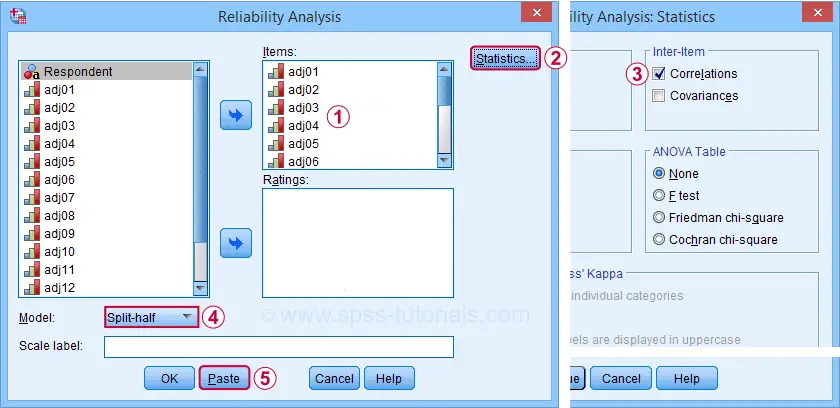 SPSS Split Half Reliability Dialogs