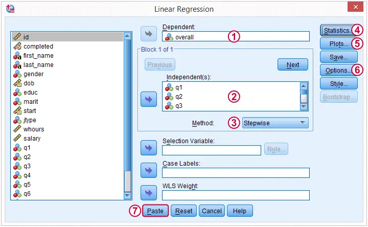 SPSS Stepwise Regression Dialog 1