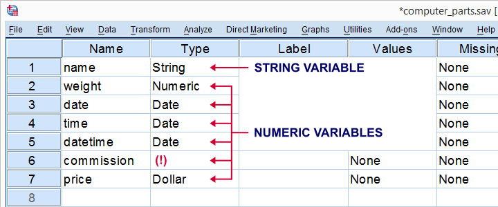 SPSS variabla typer och format