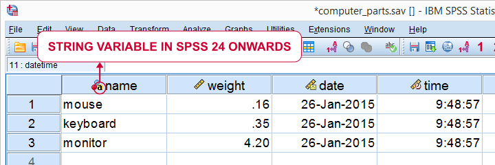  SPSS Változótípusok és formátumok ikonként a Változófejekben 