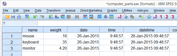 typy a formáty proměnných SPSS v zobrazení dat