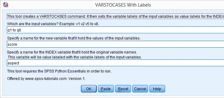 SPSS VARSTOCASES with labels tool
