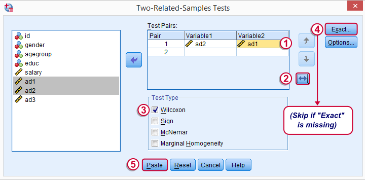 SPSS Wilcoxon Signed ranks Test - Main Dialog