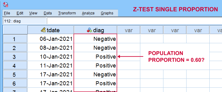 SPSS Z-Test Single Proportion Example Data View